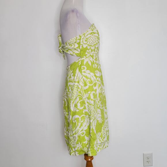 Suzette Linen Strapless Dress Green Floral Tie Back Pineapple Preppy Women 4 - Picture 2 of 12